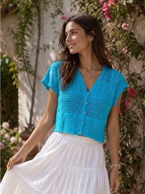 NWOT Blue Crochet Button-Front Cropped Cardigan